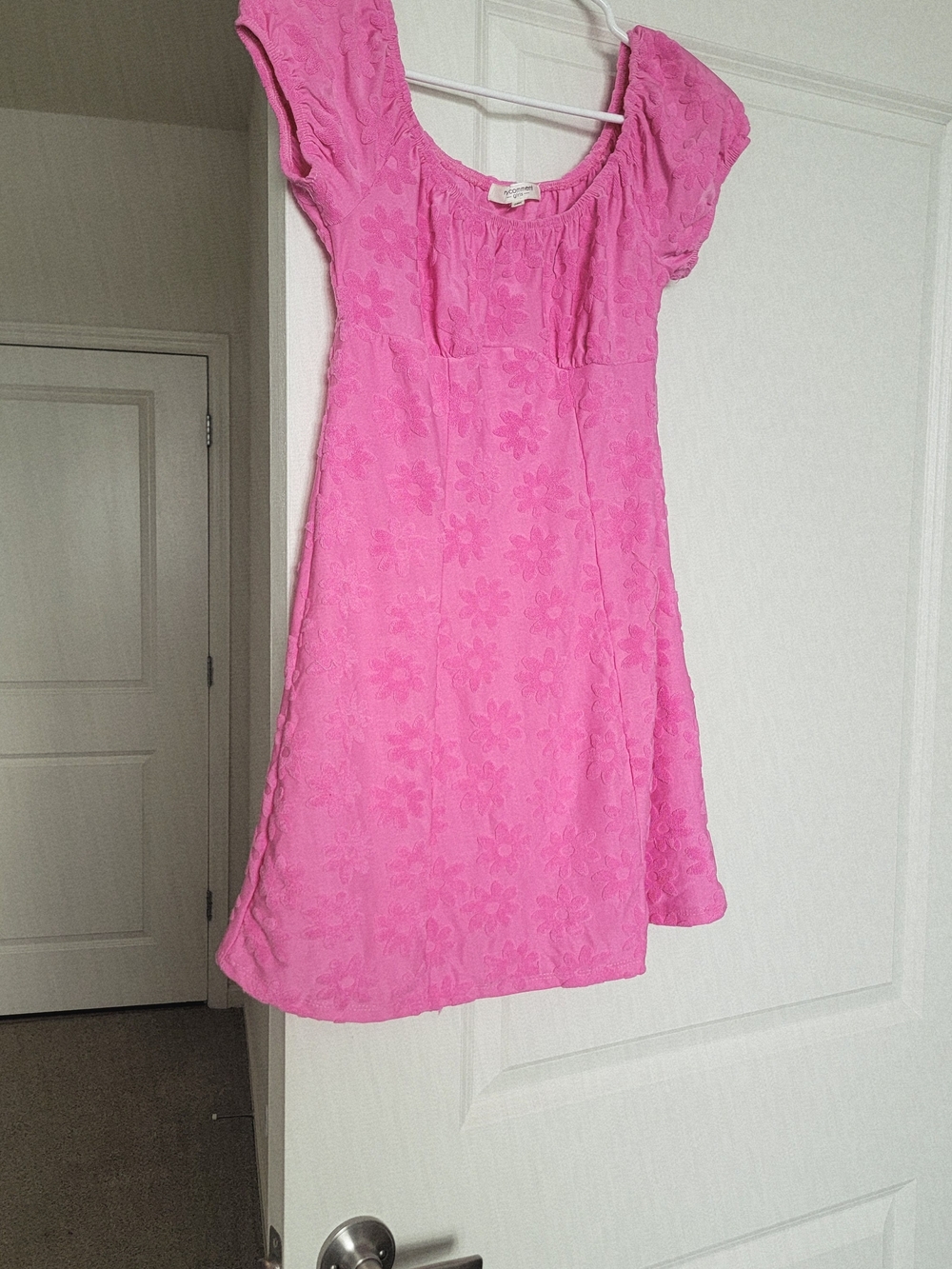 Girls' Pink Floral Textured Short Sleeve Dress